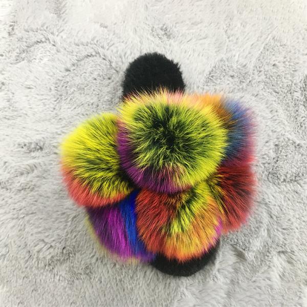 Wholesale Fluffy Slippers Multi - Color Spliced Vamp Furry Slippers For Women Real Fox Fur Slides