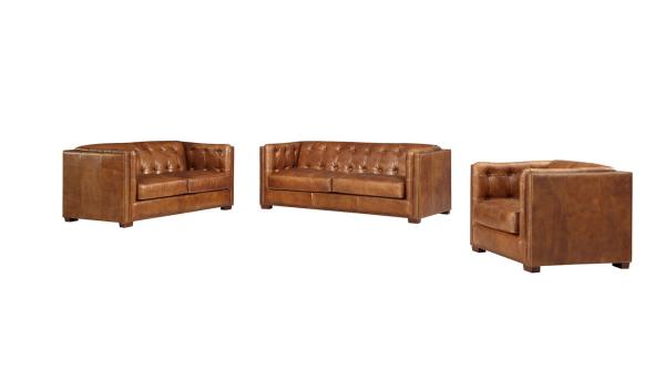 Comfortable Tan Brown Leather Couch , Genuine Leather Couch Set Solid Wood Legs