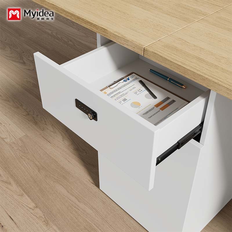 Opposing-Facing Staff Desk with Combination-Lock Storage Side Cabinet – Secure and Practical for Shared Office Workstations.