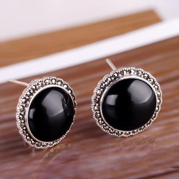 Thai Silver Jewelry 18mm Black Onyx with Marcasite Vintage Earrings (E11066)