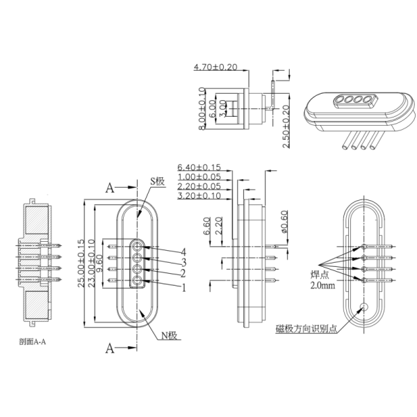 5A 12V male female bening 4pin pogo pin magnetic connector with PCB