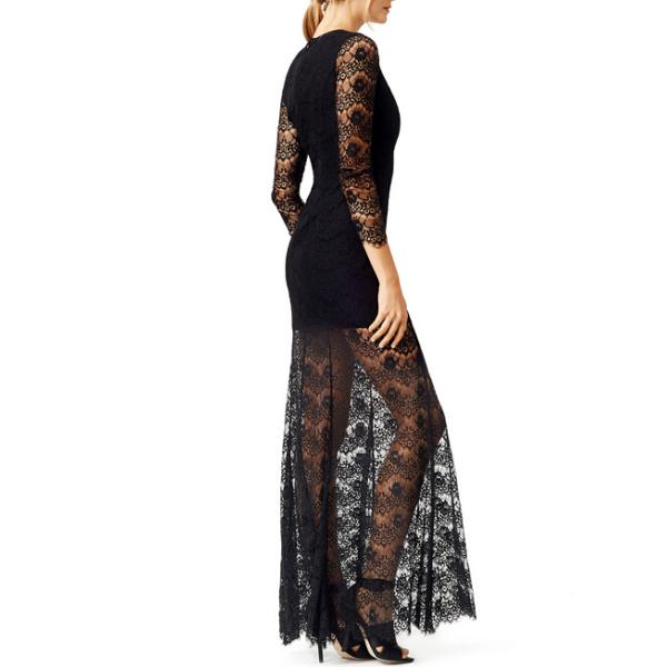 Women Black Sheer Lace Evening Gown Dress With Long Sleeve