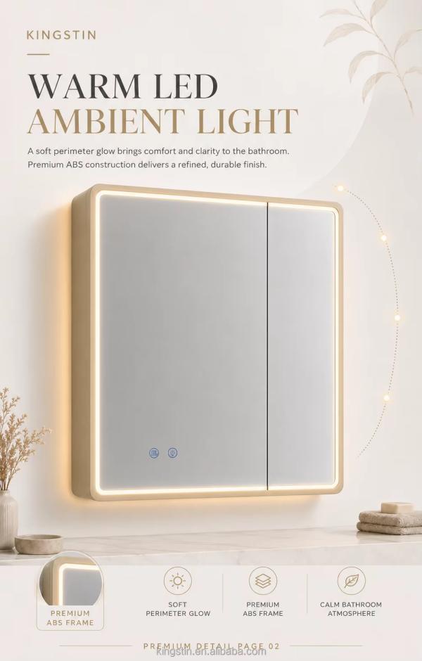 Kingstin Custom ABS LED Mirror Cabinet for Modern Bathrooms | 3 Color Light, Defogging, Bluetooth, Optional Android