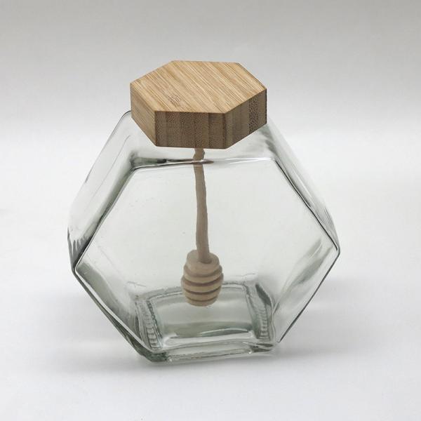 Empty Hexagon Glass Honey Jar Pot Jar 12oz Capacity Wooden Bamboo Dripper