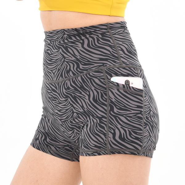 Short lateral impresso mulheres 250gsm da ioga do exercício da aptidão do Gym do short do elevador da extremidade do bolso