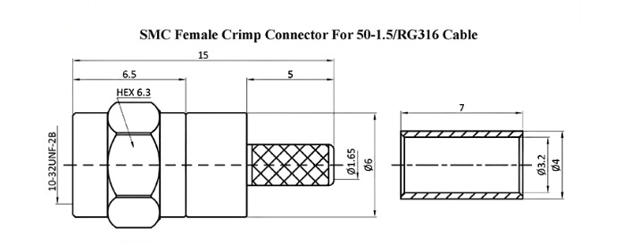 Gold Plated Brass Radio Frequency Connectors 50 Ohm SMC Female Connector DC-6GHz For RG316