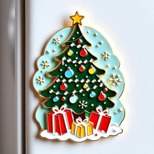 Festive Christmas Tree Fridge Magnet With Snowflakes And Gifts