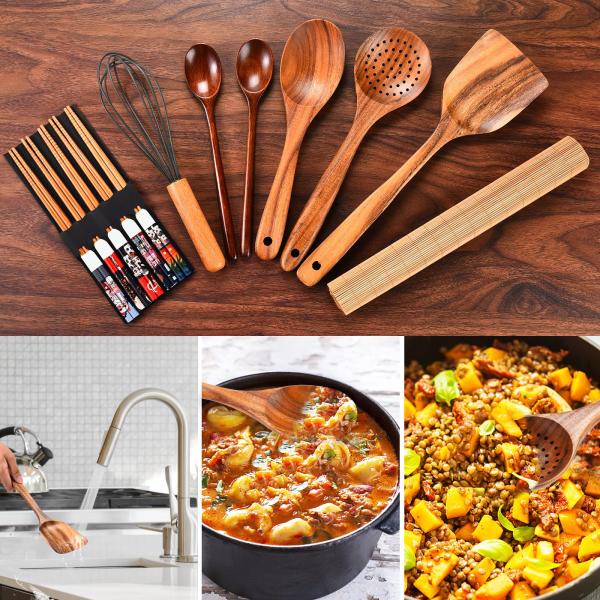 Safe Acacia Wooden Kitchen Utensil Set Spoon Nonstick Hard Dish Washer