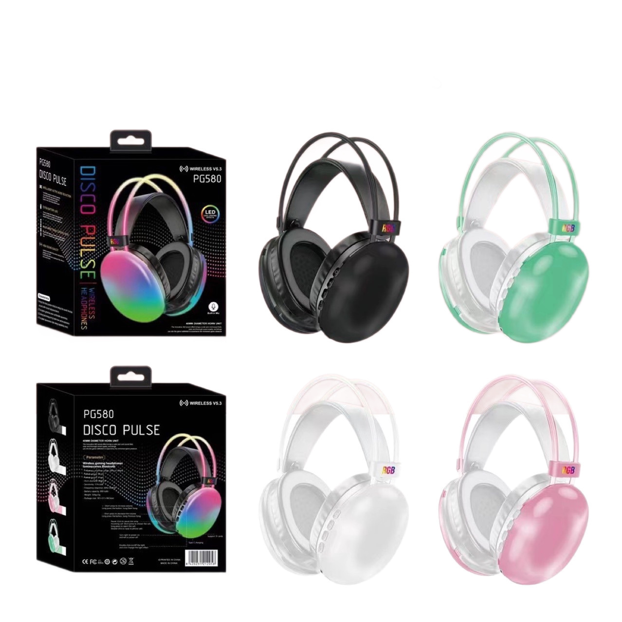 JTY-580 RGB wireless gaming headset, Bluetooth 5.0 headset with color LED lights, HiFi stereo, long battery life, surround sound, suitable for gaming headsets on PC phones