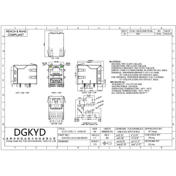 RJ45 Ethernet port with USB lightless shielded 100Mbps Ethernet socket DGKYD611B101DB1WD009
