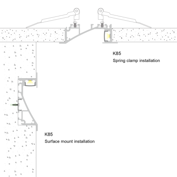 K85 Fast Heat Dissipation 6063 T5 Aluminum LED Lighting Profile for Suspension or Embedded Mount