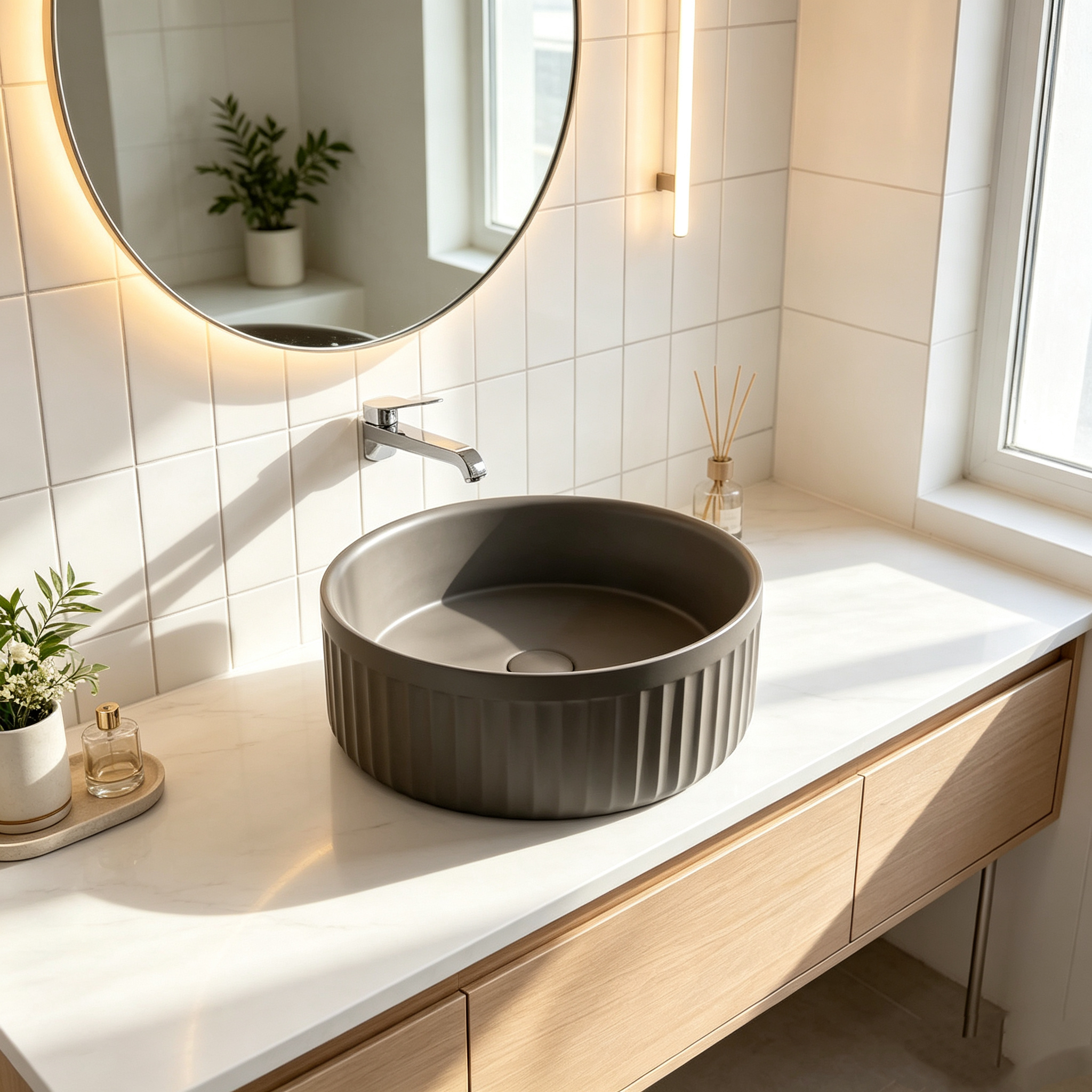 Apartment Round Solid Surface Basin Vessel Sink Countertop Non Porous