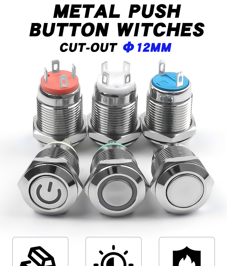 Metal Button Switch IP65 Electronic 12mm Waterproof 3v 6v 12v 24v 220v 1NO Welding Pin Reset Switch
