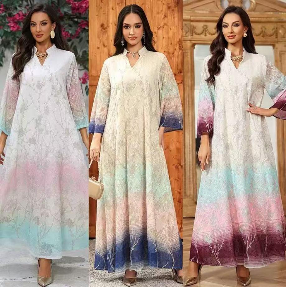 AB508 Middle Eastern Modest Wear Ombre Floral Print Chiffon Abaya (3 Colors)