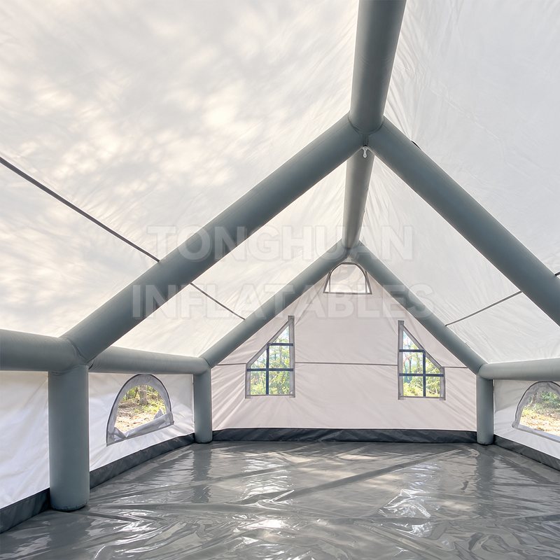 Custom Gray Inflatable Camping Tent with Air Beam Frame and Clear Windows for Campsites and Outdoor Recreation
