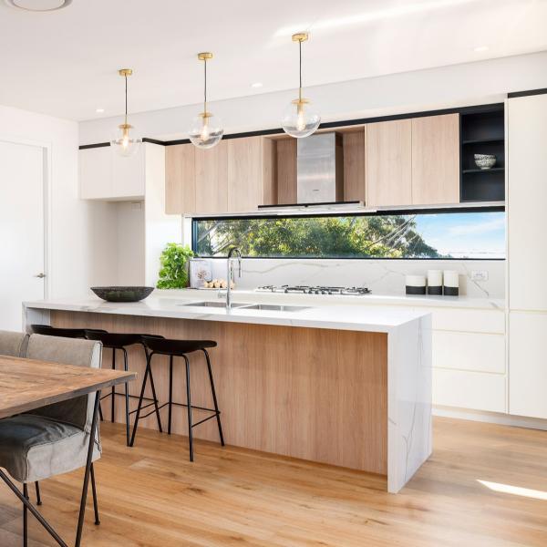 Wood Grain Melamine Kitchen Cabinet Furniture With Island DTC Blum Hardware