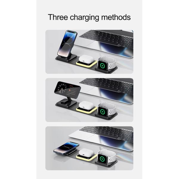 Wireless 3 In 1 Foldable Magnetic Charger Stand 15W Fast Quick Charging 20W Output Power For Earphones