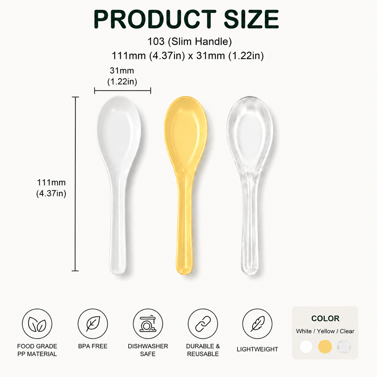 Slim Handle Model 103 PP Disposable Tableware Spoons for Dessert Cup Tasting