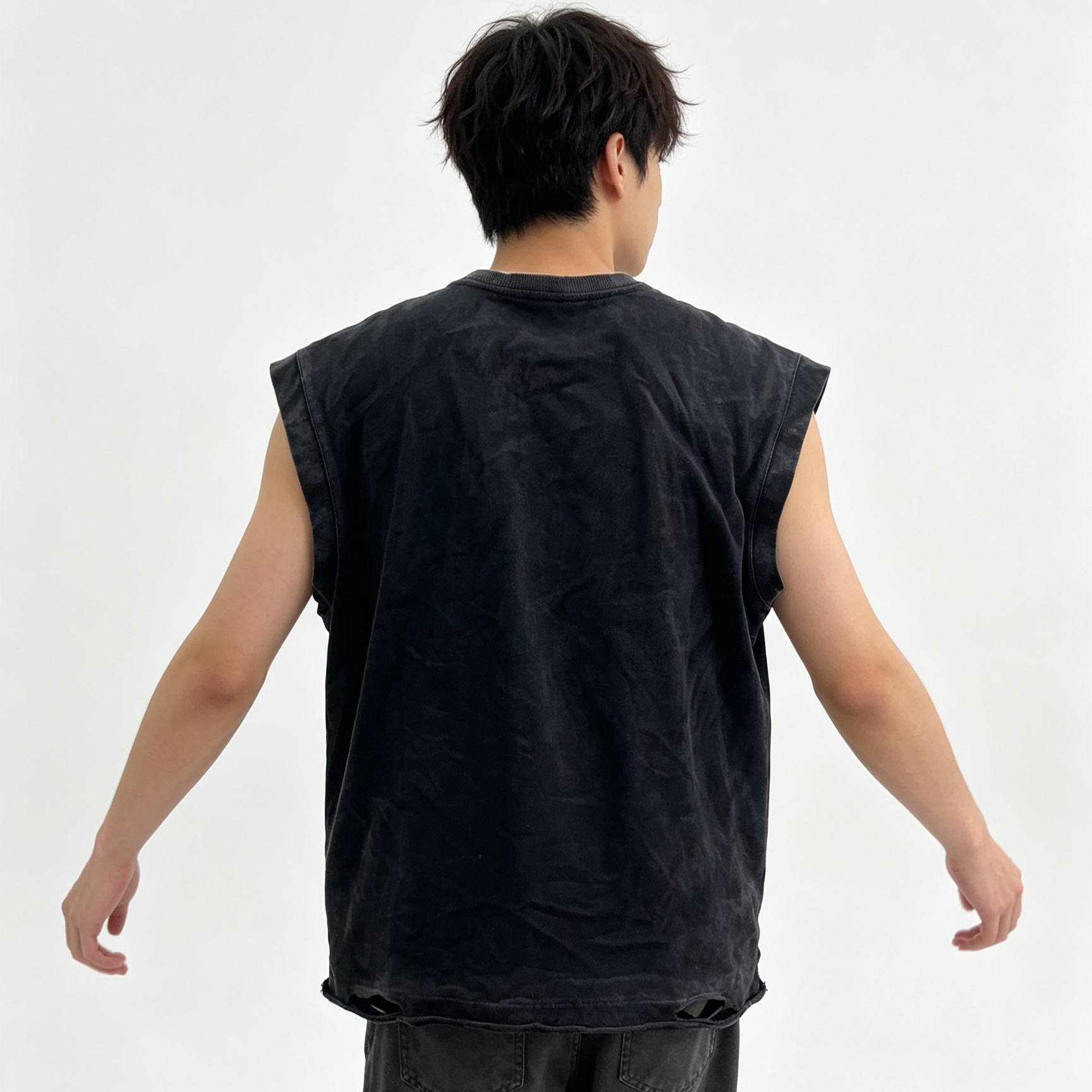 Vintage Crinkle Washed Ripped Sleeveless T Shirt Distressed Raw Edge Cut Off Vest
