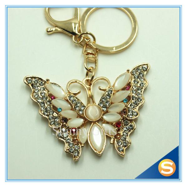 Rhinestones Butterfly Shape Keychain Zinc Alloy Gold Plated Animal Metal Crystal KeyChains Ring Holder