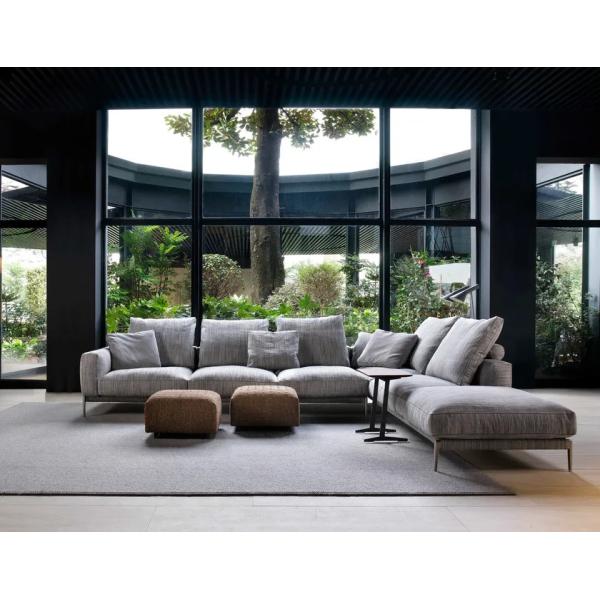 Hotel Office L-Shape Corner Long Sofa High Quality Linen Black Iron Feet Sofa