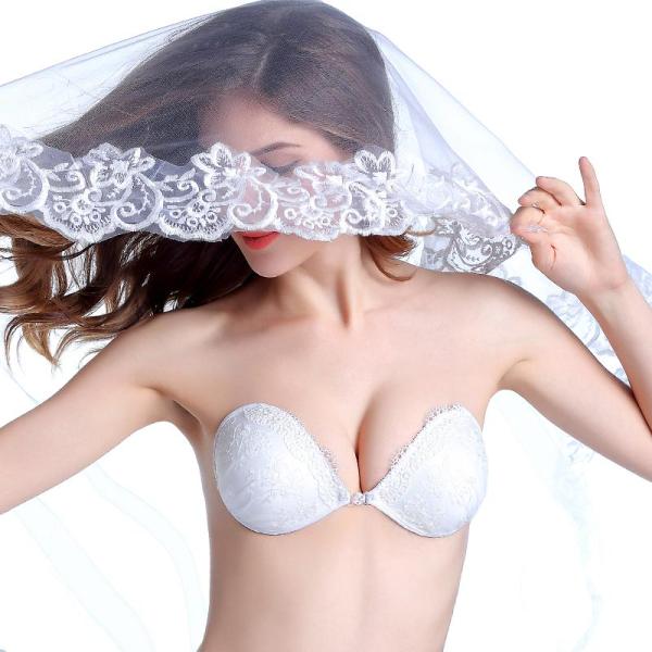 F1013 White lace strapless embroidery invisible stick on bra for wedding