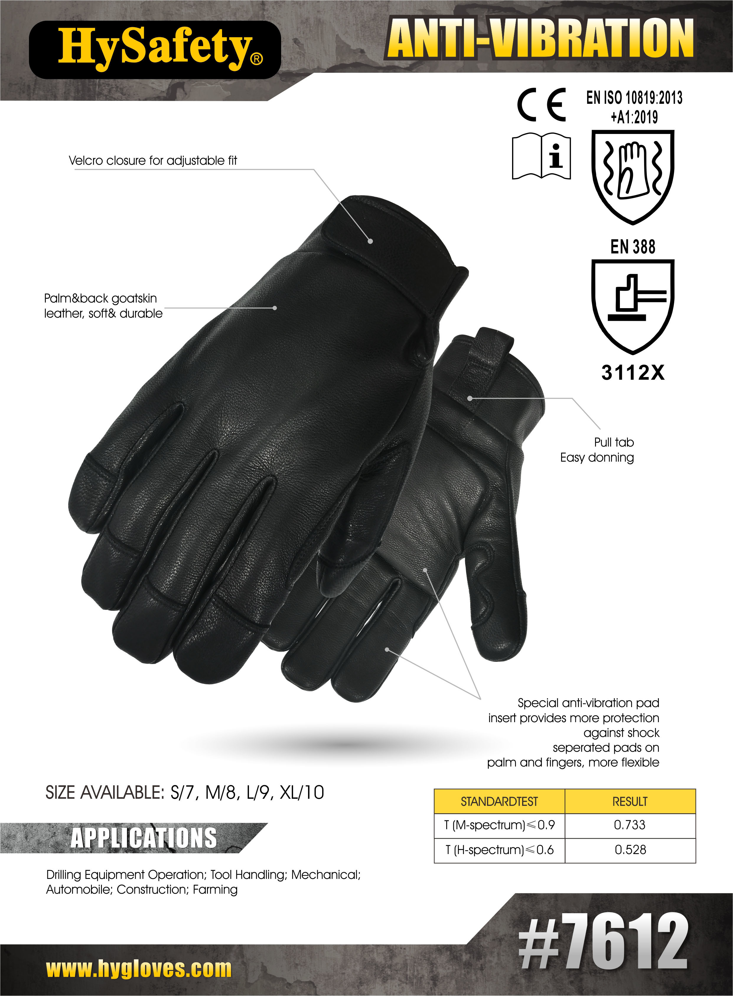 Overall Black Goat Leather Anti-vibration Gloves 7612 with EN ISO10819 Certified