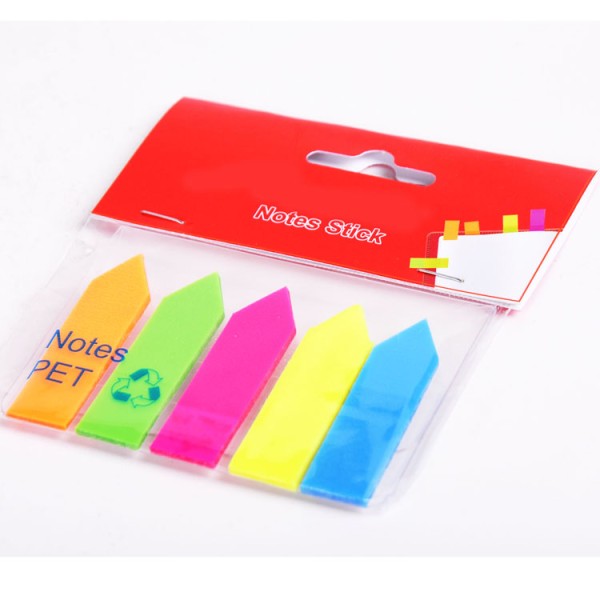 Hot selling arrow shape 5 colors PET self-adhesive fluorescent note pad