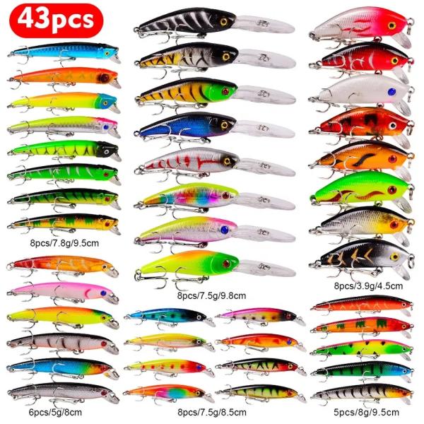 43pcs Fishing Lure Kit Bass Fishing Lure Minnow Hard Pencil Lure Floating Carp Fishing