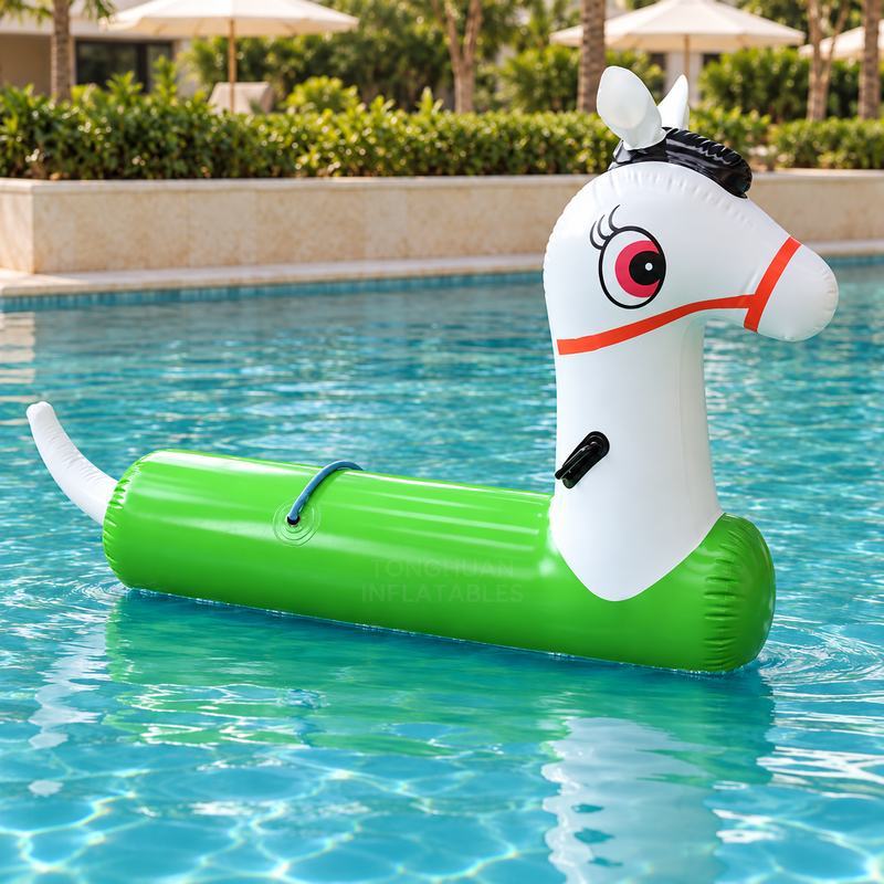 Green Inflatable Pony Water Riding Toy with White Horse Head and Grip Handles for Resort Pool Activities