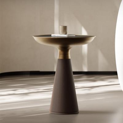 Oak Veneer Round End Tabe Black Glass Top Solid Wood Legs small Side Table For Living Room And Hotel Use