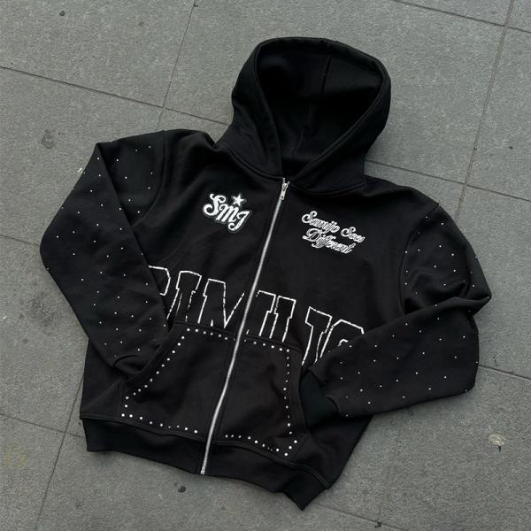 Windproof Zip Up Rhinestone Hoodie Rips Screen Print Logo Streetwear Fleece Hoodies
