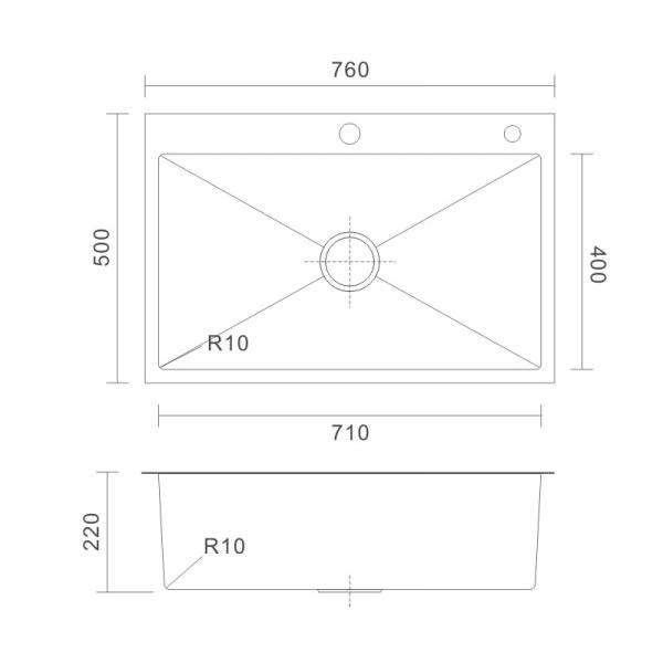 76x50 Topmount Stainless Steel Kitchen Sink Rectangular 16 Gauge