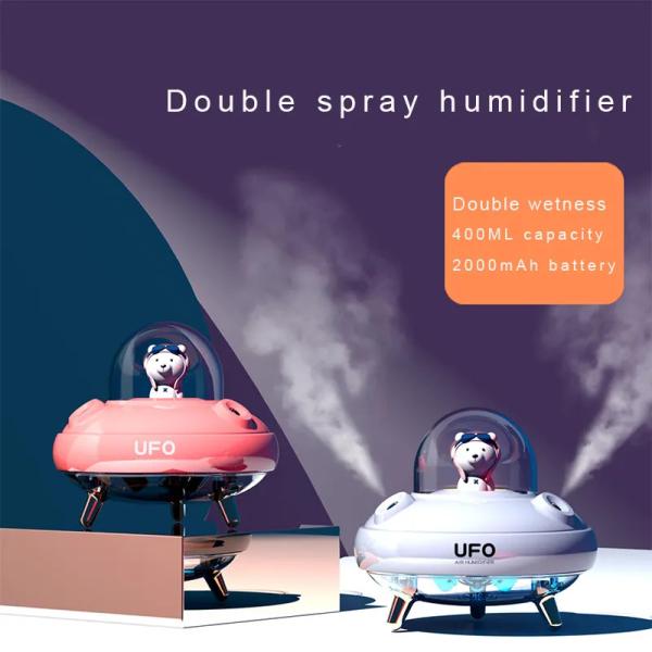 400ml Humidificador de design bonito UFO Double Spray Humidificação Humidificador USB recarregável silencioso com luz noturna colorida