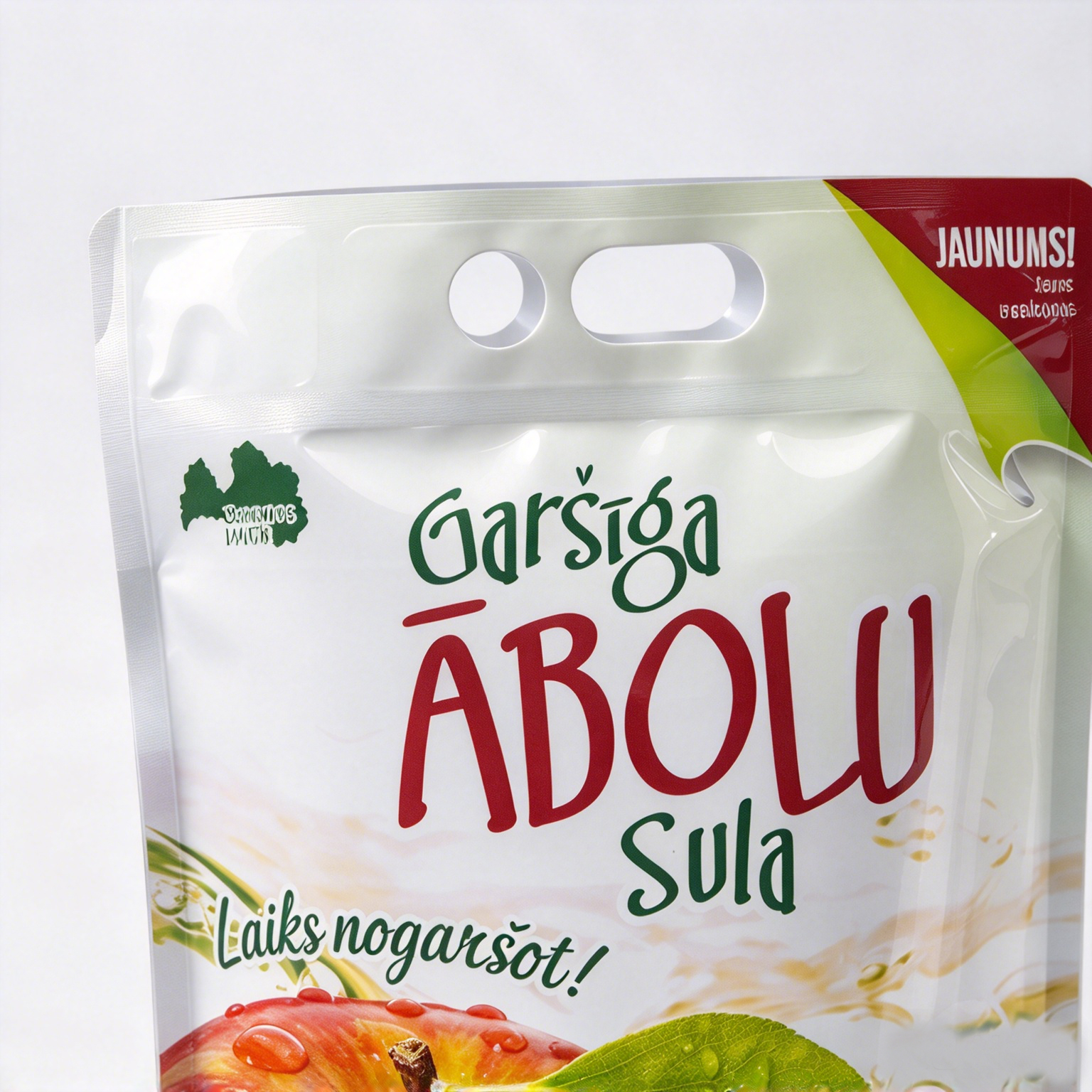 Custom Printed 5L Stand‑up BIB Bag‑in‑Box Pouch with Butterfly Tap & Die Cut Handle for Apple Fruit Juice Beverage Packaging