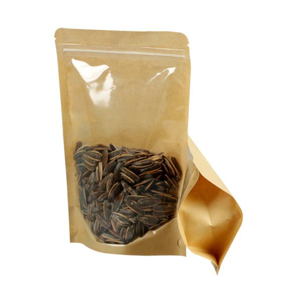 Laminated Gusset Brown Kraft Paper Stand Up Pouch With Zipper Closure For Food Beans Packaging