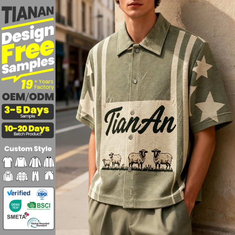Tianan Hot Supplier Brand Custom Casual Knit Jacquard Vintage Streetwear Men's Oversized Cotton Shirt