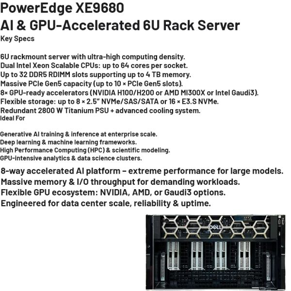 Dell PowerEdge XE9680 6U Rack Server with 5th Gen Intel Xeon, 8 NVIDIA HGX H100 GPUs, and 32 DDR5 DIMM Slots for AI Training