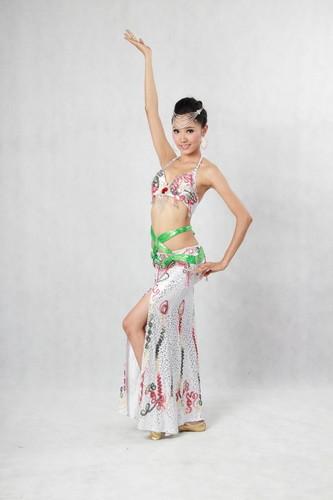 Elegant Floral Halter Neck Metallic Bras & Skirt with Green Waistband Belly Dancing Clothes