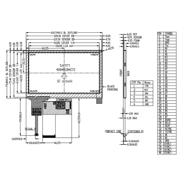 5 дюймовый сенсорный экран, Tft Lcd 480x272, 40 PINS 24 бит RGB интерфейс 350 CD/M2