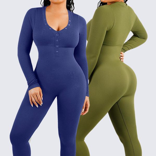 2023 Mulheres Sem costura de uma peça Manga longa Controle de barriga Corpo de moldagem de jumper Corpo