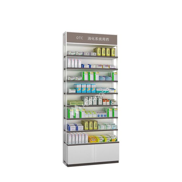Compact Convenience Store Display Racks Pharmacy Shelf Solid Wood