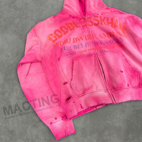 Custom 500 Gsm Heavyweight Distressed Hoodie Zip Up for Men/Unisex in Autumn