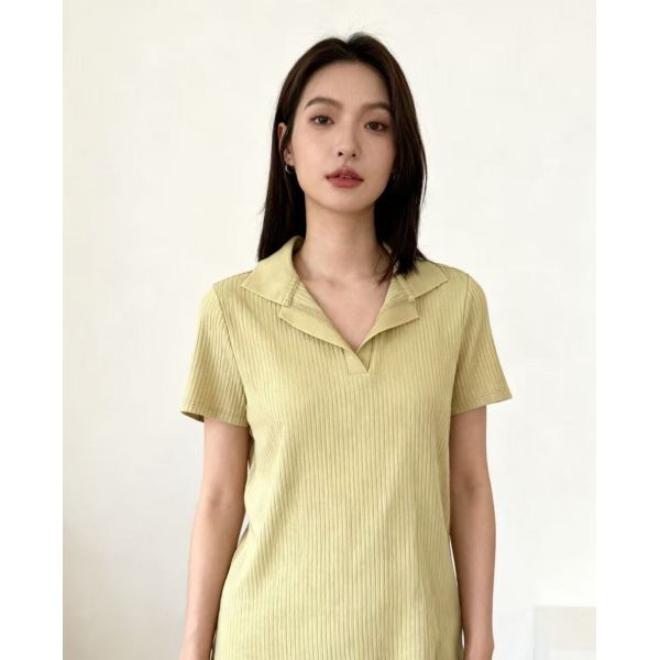 Effortless Chic Ribbed Knit Polo Two-Piece Set - Short Sleeve Top & Wide Leg Pants (Khaki)