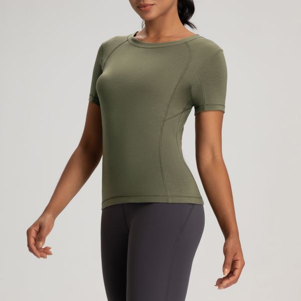 Short Sleeve Women's Athletic Top Yoga Activewear Slim Fit Moisture Wicking Olive Green
