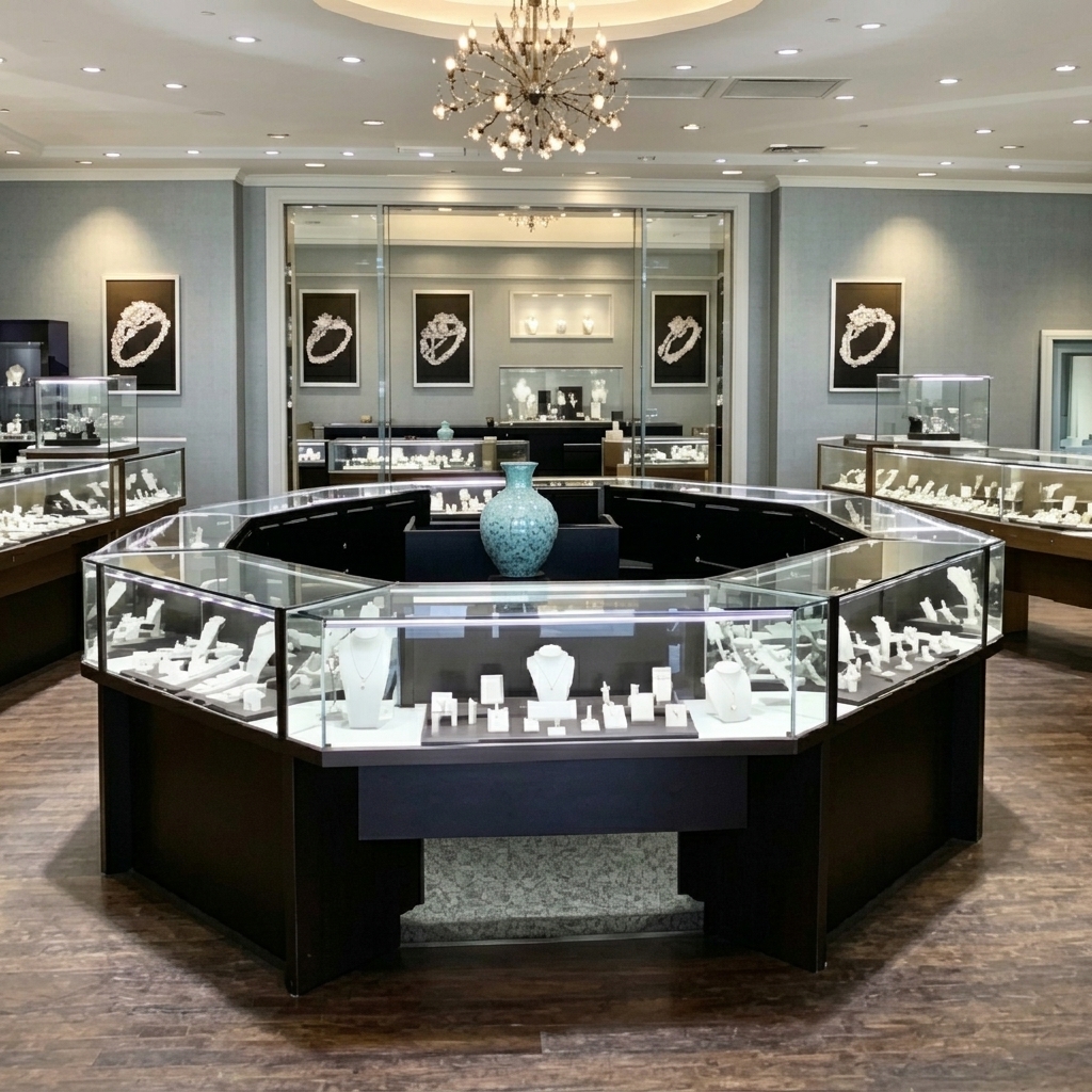 Black Octagon Combined Jewellery Counter LED Glass Display Showcase Matching Wall Cabinets Complete Jewelry Store Cabinet Kit