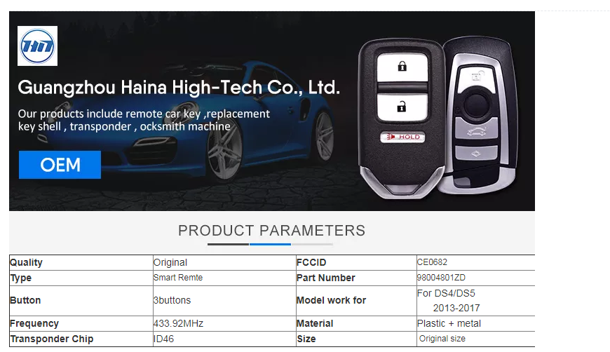 Remote Car Smart Fob Key For Citroen 3 Buttons 433MHz 46 Transponder Chip