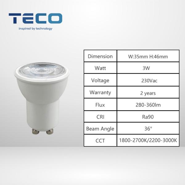 Teco 3W GU10 Mini LED Bulbs 36 Degree 2200-3000k Ra90 35mm Mr11 Led Spotlight