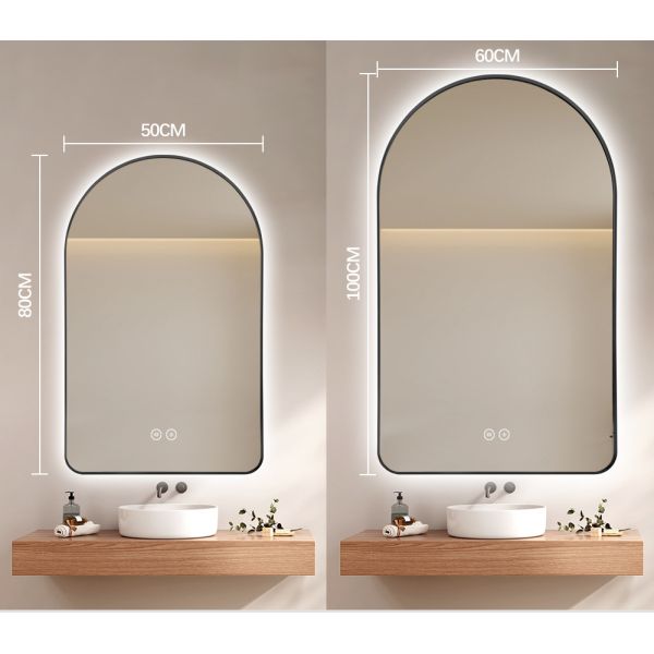 Arch LED Bathroom Mirror with Anti-Fog Function, Time Display, and Touch Control for Modern Bathrooms