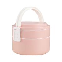 Boîte de déjeuner en plastique portable rose à double couche avec couvercle rond de 1400 ml